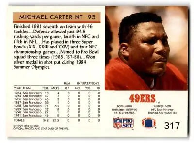 Michael Carter 1992 Pro Set #317 football trading card displayed for sale