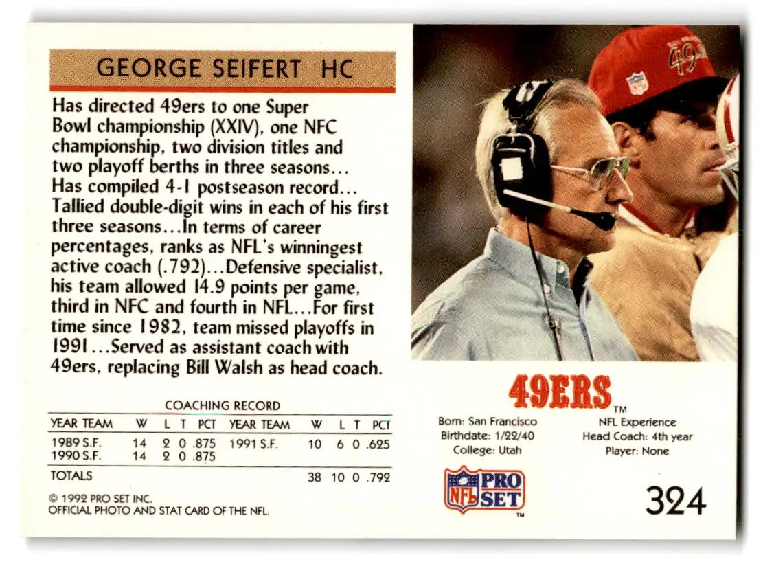 1992 Pro Set #324 George Seifert - Football Card Single
