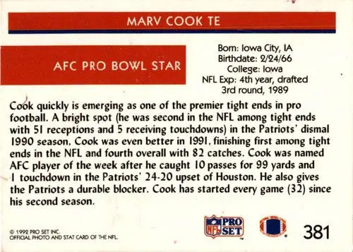 Original gloss football card of Marv Cook from 1992 Pro Set #381