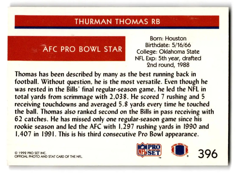 1992 Pro Set #396 Thurman Thomas - Football Card Single