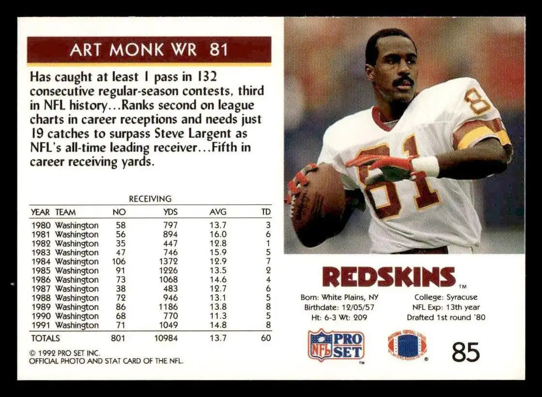 1992 Pro Set #85 Art Monk - Football Card Single