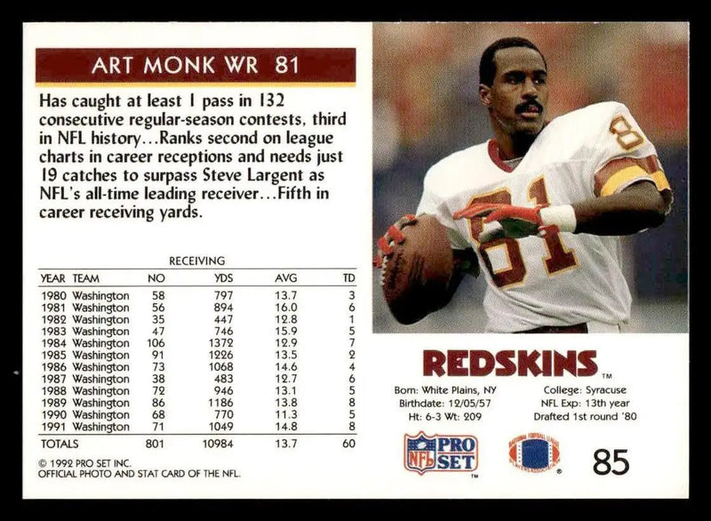 1992 Pro Set #85 Art Monk - Football Card Single