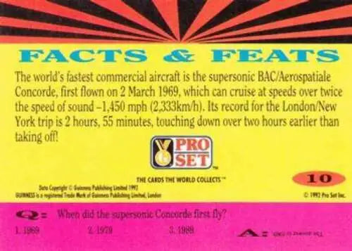 Concorde facts card from 1992 Pro Set Guinness Book Of Records with original gloss finish