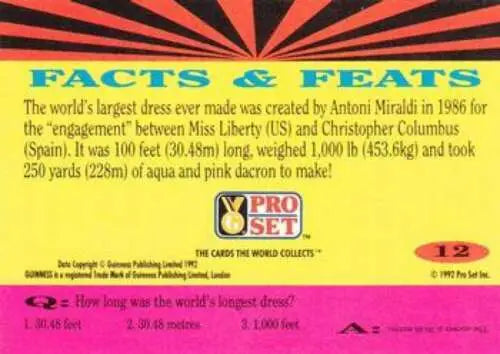 Trading card back of 1992 Pro Set Guinness Book Of Records #12 with original gloss