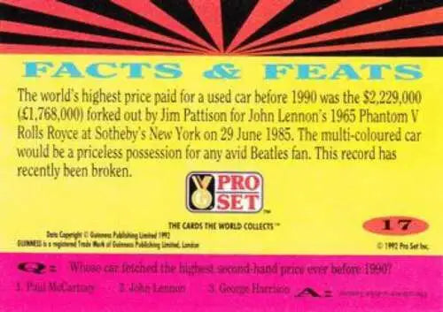 Trading card featuring Beatles trivia from 1992 Pro Set Guinness Book of Records