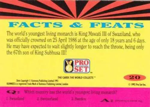 Trading card featuring King Mswati III from 1992 Pro Set with original gloss finish