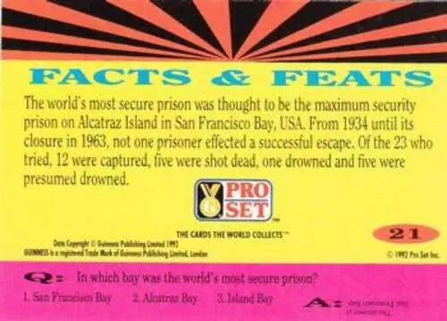Alcatraz facts card from 1992 Pro Set Guinness Book of Records featuring original gloss