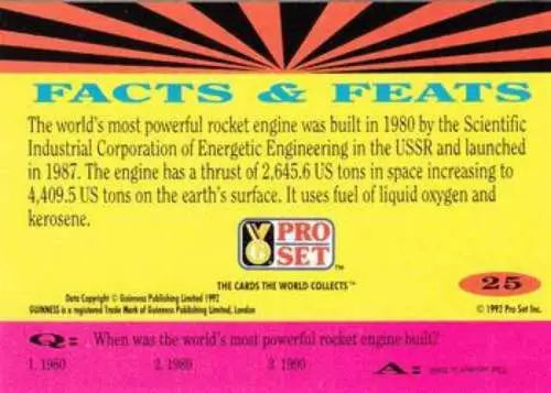 Rocket engine facts card featured in 1992 Pro Set Guinness Book Of Records with original gloss