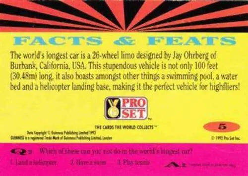 Original gloss 1992 Pro Set Guinness Book Of Records car facts trading card by Simply Sandoval