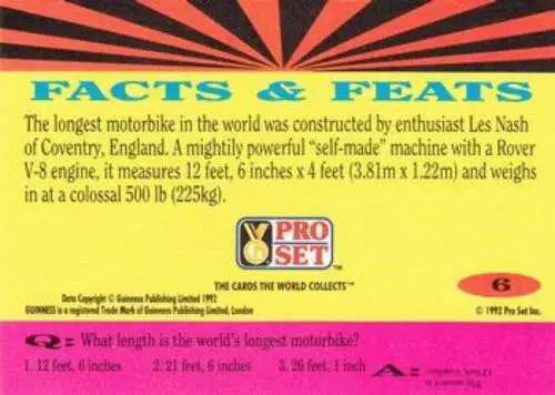 Motorbike facts trading card from 1992 Pro Set original gloss Simply Sandoval