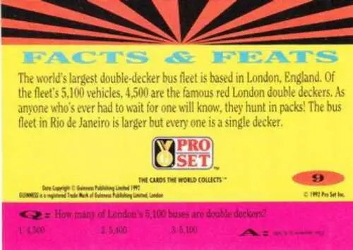 Bus facts trading card from 1992 Pro Set Guinness Book Of Records featuring original gloss