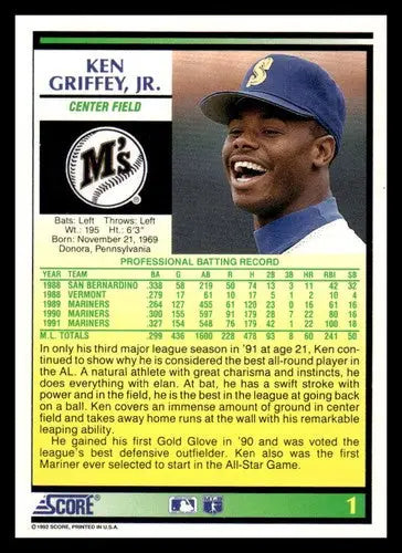 1992 Score #1 Ken Griffey Jr. NM Near Mint Mariners ID:83540 - Baseball Card Single