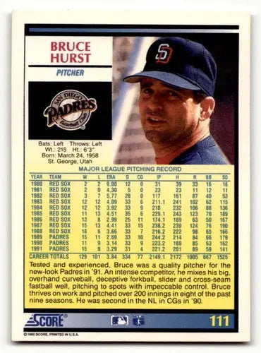1992 Score #111 Bruce Hurst San Diego Padres Baseball Cards EX/NM ID:60474 - Baseball Card Single