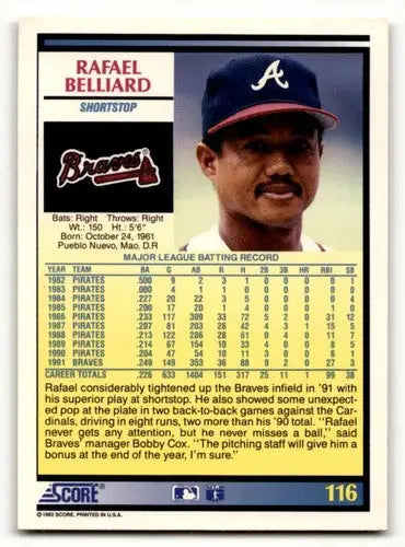 1992 Score #116 Rafael Belliard Atlanta Braves Baseball Cards EX/NM ID:60468 - Baseball Card Single