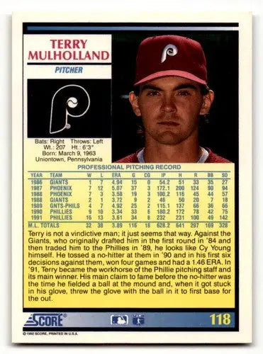1992 Score #118 Terry Mulholland Philadelphia Phillies Baseball Card ID:58573 - Baseball Card Single