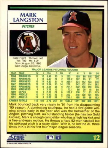 Mark Langston baseball card 1992 Score #12 NM-MT Angels original gloss collector’s item