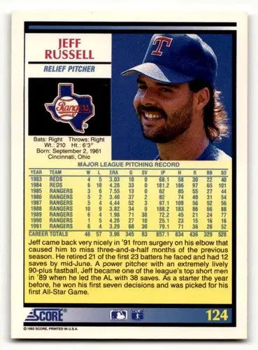 1992 Score #124 Jeff Russell Texas Rangers Baseball Cards EX/NM ID:60469 - Baseball Card Single