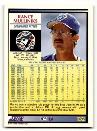 1992 Score #132 Rance Mulliniks Toronto Blue Jays Baseball Cards EX/ ID:58565 - Baseball Card Single