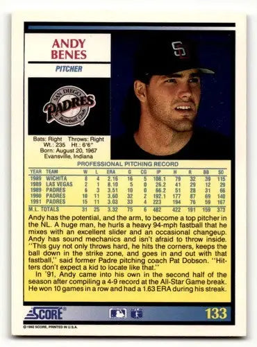 1992 Score #133 Andy Benes San Diego Padres Baseball Cards EX/NM ID:60473 - Baseball Card Single