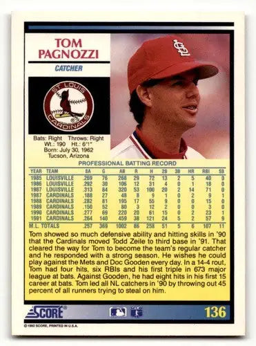 1992 Score #136 Tom Pagnozzi St. Louis Cardinals Baseball Cards EX/N ID:60470 - Baseball Card Single