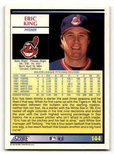 1992 Score #144 Eric King Cleveland Indians Baseball Cards EX/NM ID:58552 - Baseball Card Single