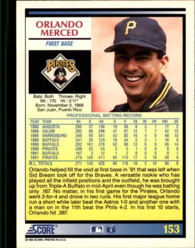 Orlando Merced 1992 Score baseball card NM-MT Pirates original gloss Simply Sandoval