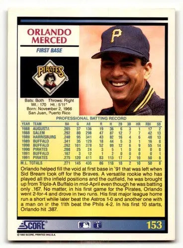 1992 Score #153 Orlando Merced Pittsburgh Pirates Baseball Cards EX/ ID:61182 - Baseball Card Single