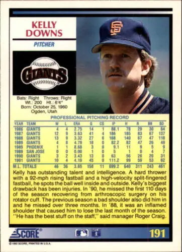 1992 Score #191 Kelly Downs Baseball Card in NM-MT Condition with Original Gloss