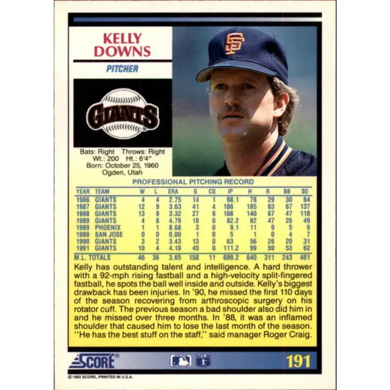 1992 Score #191 Kelly Downs NM-MT San Francisco Giants Baseball Card - Baseball Card Single