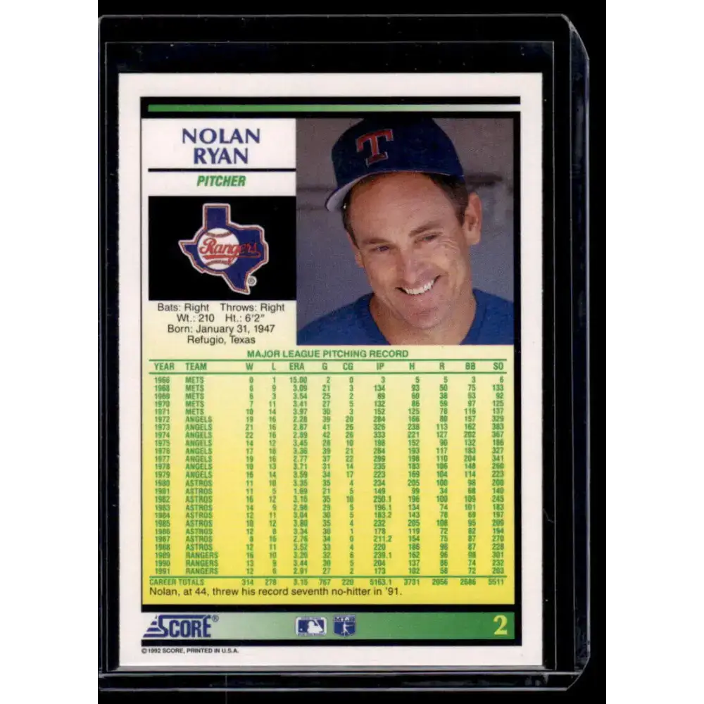1992 Score #2 Nolan Ryan Texas Rangers NM-MT Baseball Card - Baseball Card Single