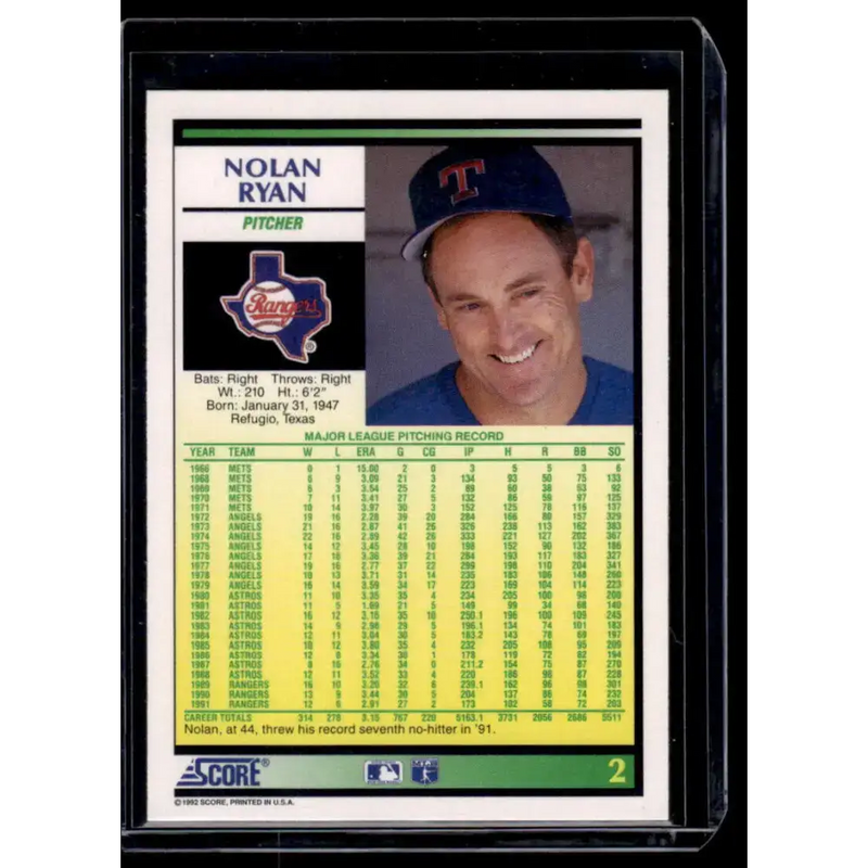1992 Score #2 Nolan Ryan Texas Rangers NM-MT Baseball Card - Baseball Card Single