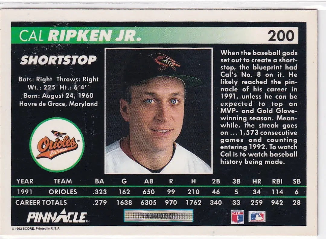 1992 SCORE #200 CAL RIPKEN JR- BALTIMORE ORIOLES