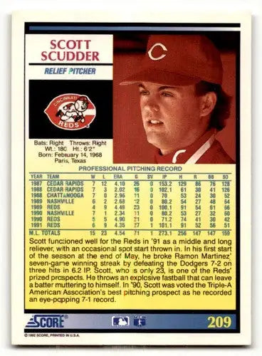 Original gloss 1992 Score Scott Scudder Cincinnati Reds baseball card image