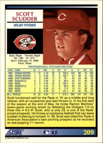 Vintage 1992 Score Scott Scudder Reds baseball card with career stats and original gloss