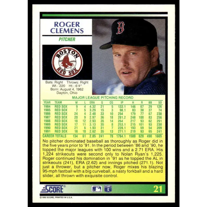 1992 Score #21 Roger Clemens EX/NM Boston Red Sox Baseball Card - Baseball Card Single