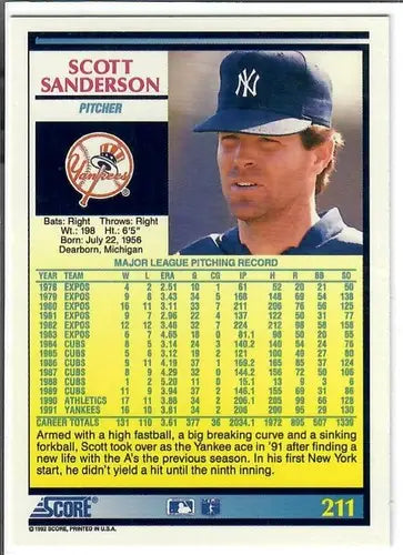 1992 Score #211 Scott Sanderson NM-MT Yankees - Baseball Card Single