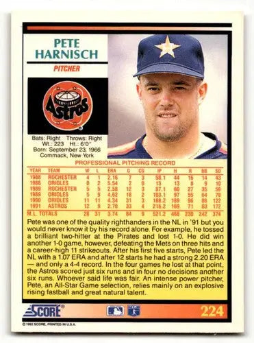 1992 Score #224 Pete Harnisch Houston Astros Baseball Cards EX/NM ID:58557 - Baseball Card Single