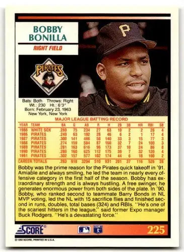 1992 Score #225 Bobby Bonilla NM Near Mint Pirates - Baseball Card Single