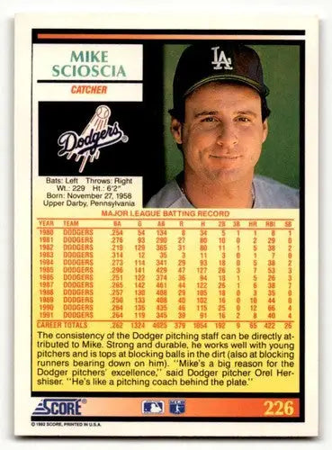1992 Score #226 Mike Scioscia Los Angeles Dodgers Baseball Cards EX/ ID:60475 - Baseball Card Single