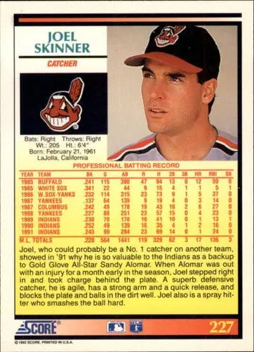 Original gloss Joel Skinner baseball card 1992 Score #227 Joel Skinner NM-MT Indians