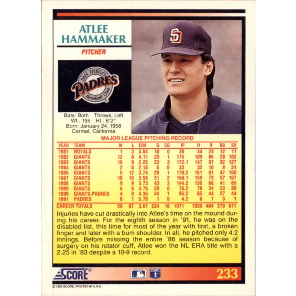 1992 Score #233 Atlee Hammaker NM-MT San Diego Padres Baseball Card - Baseball Card Single