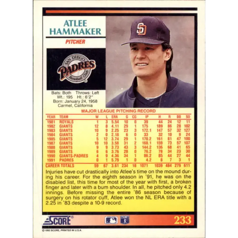1992 Score #233 Atlee Hammaker NM-MT San Diego Padres Baseball Card - Baseball Card Single