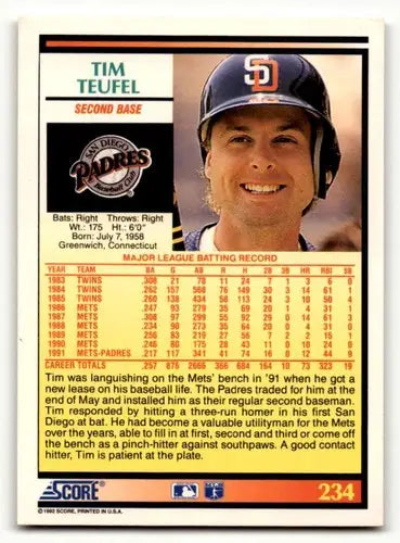 1992 Score #234 Tim Teufel San Diego Padres Baseball Cards EX/NM ID:60476 - Baseball Card Single