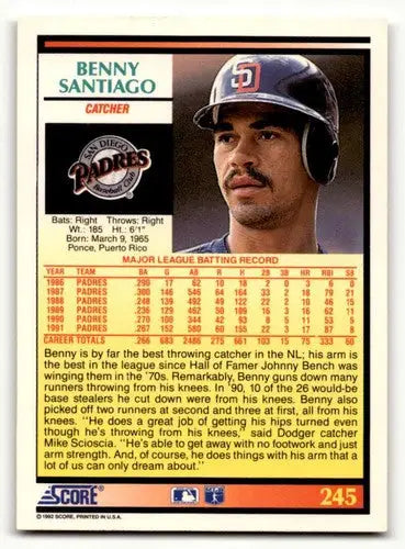 Original gloss Benny Santiago San Diego Padres baseball card 1992 Score #245