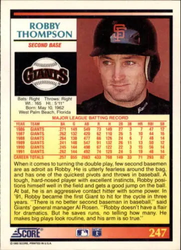 Robby Thompson baseball card 1992 Score #247 original gloss NM-MT Giants