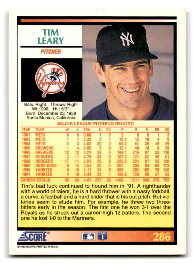 1992 Score #286 Tim Leary NM Near Mint Yankees ID:70099 - Baseball Card Single