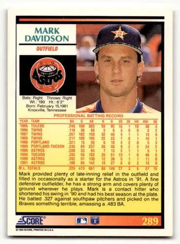 1992 Score Mark Davidson Houston Astros baseball card showcasing Davidsons Houston team affiliation
