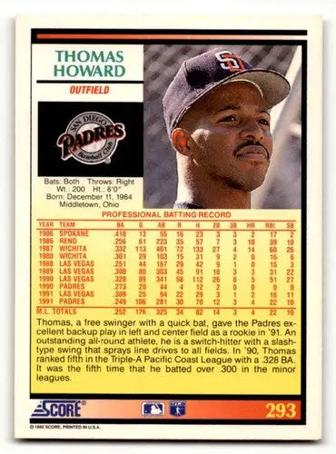 1992 Score #293 Thomas Howard San Diego Padres Baseball Cards EX/NM ID:58563 - Baseball Card Single