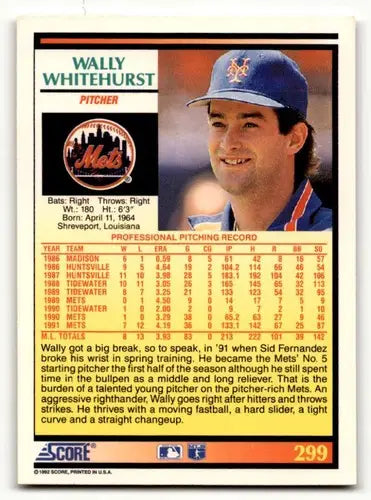 1992 Score #299 Wally Whitehurst New York Mets Baseball Cards EX/NM ID:60478 - Baseball Card Single