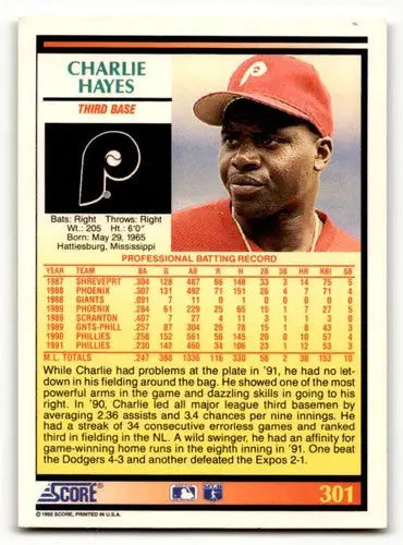1992 Score #301 Charlie Hayes Philadelphia Phillies Baseball Cards E ID:60451 - Baseball Card Single